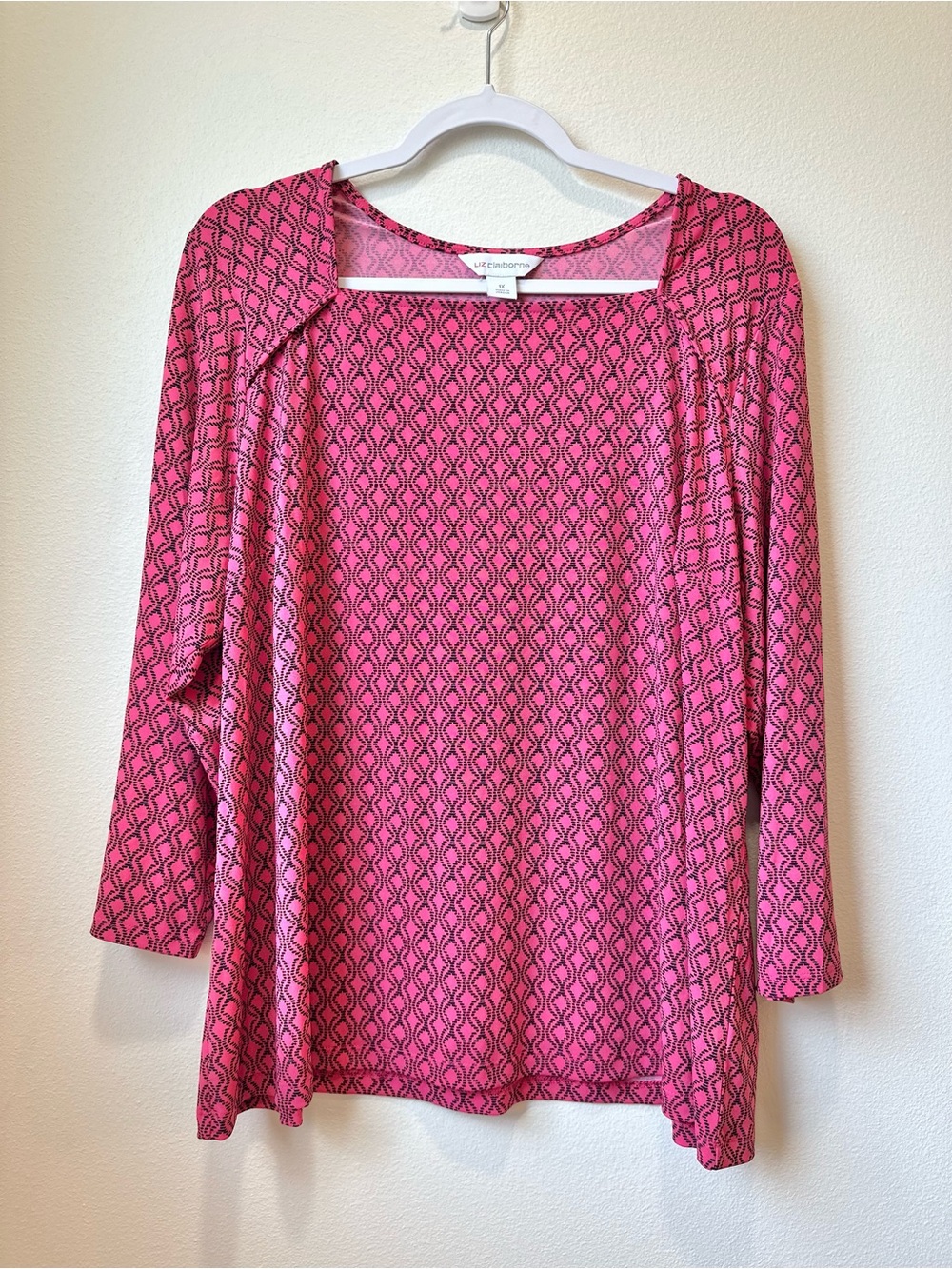 Liz Claiborne 1X Pink Black Geometric Square Neck 3/4 Sleeve Top